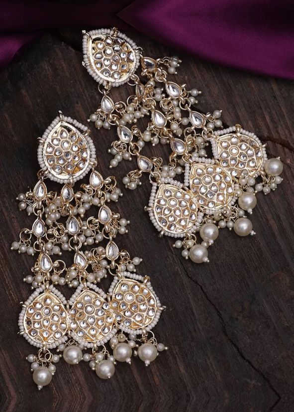 White Kundan Work Dangler Earrings