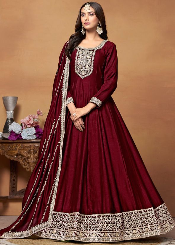 Maroon Embroidered Anarkali Suit Set