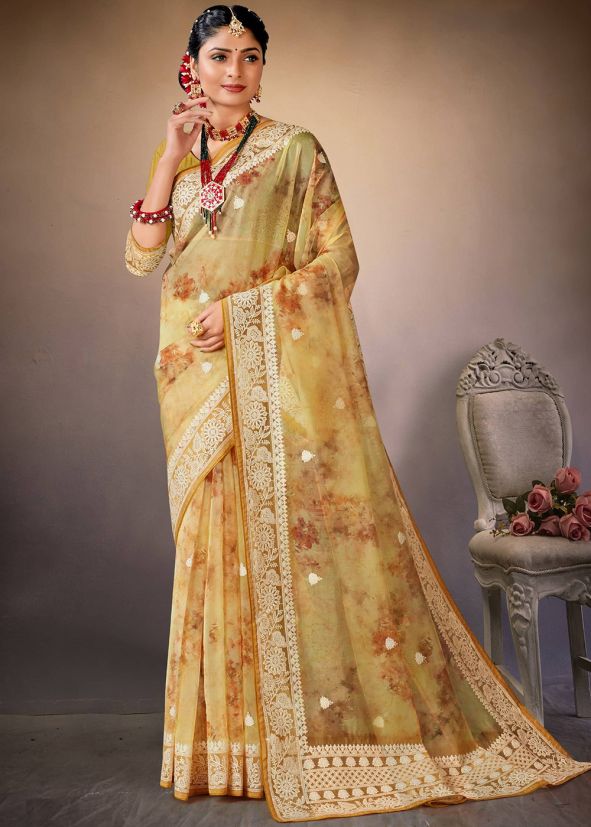 Beige Resham Embroidered Border Saree