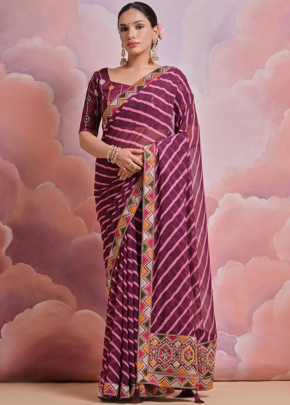 Wine Embroidered Border Saree In Georgette