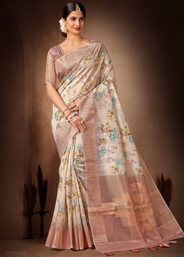 Beige Printed Organza Saree
