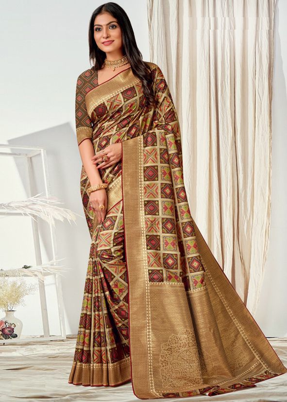 Multicolor Printed Tussar Silk Saree & Blouse