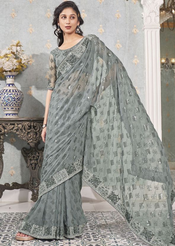 Grey Sequins Embellished Georgette Saree 