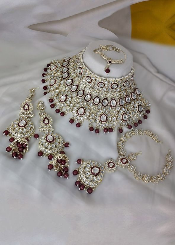 Maroon Beaded Bridal Necklace Set