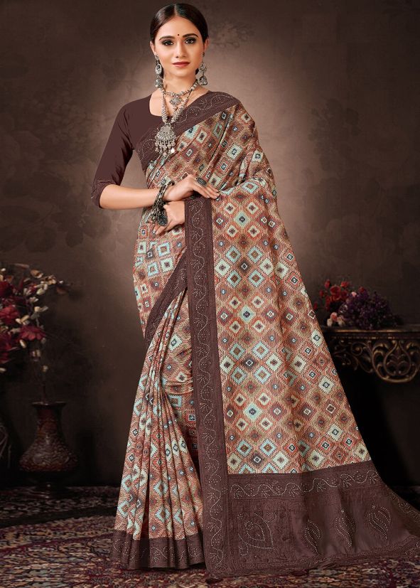 Brown Digital Print Saree In Chanderi