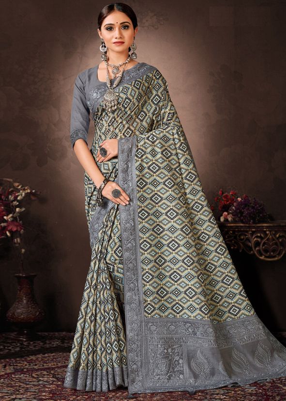 Grey Digital Print Chanderi Saree & Blouse