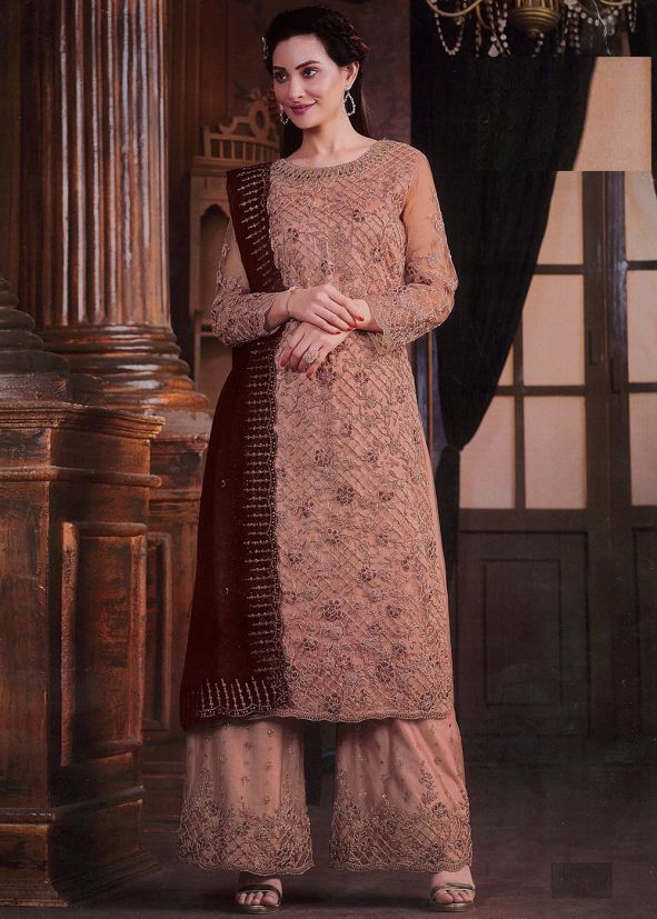 Peach Thread Embroidered Net Palazzo Set