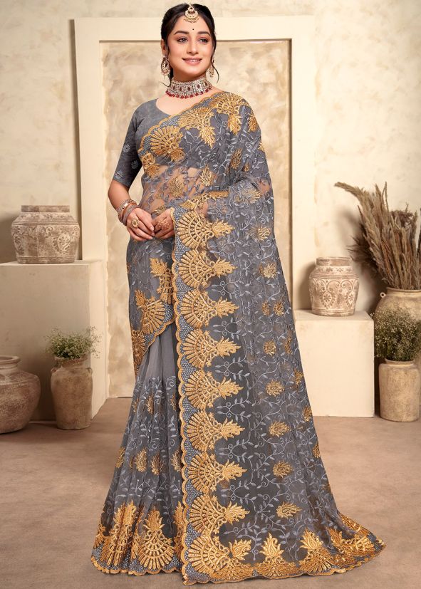 Grey Embroidered Saree In Net