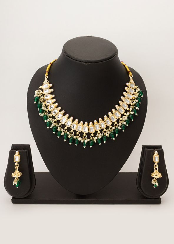 Green Mirror Work Necklace Set