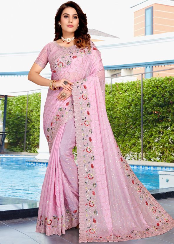 Pink Embroidered Saree In Crape
