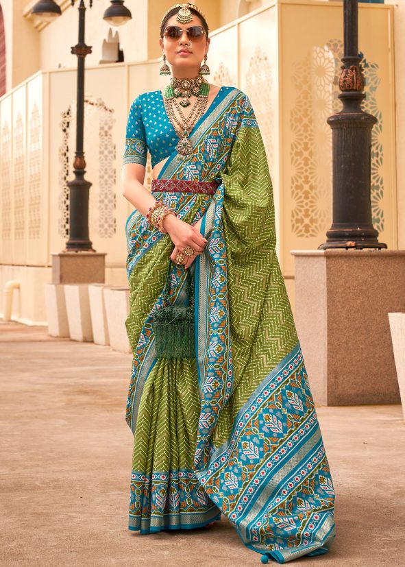 Green Printed Viscose Saree & Blouse