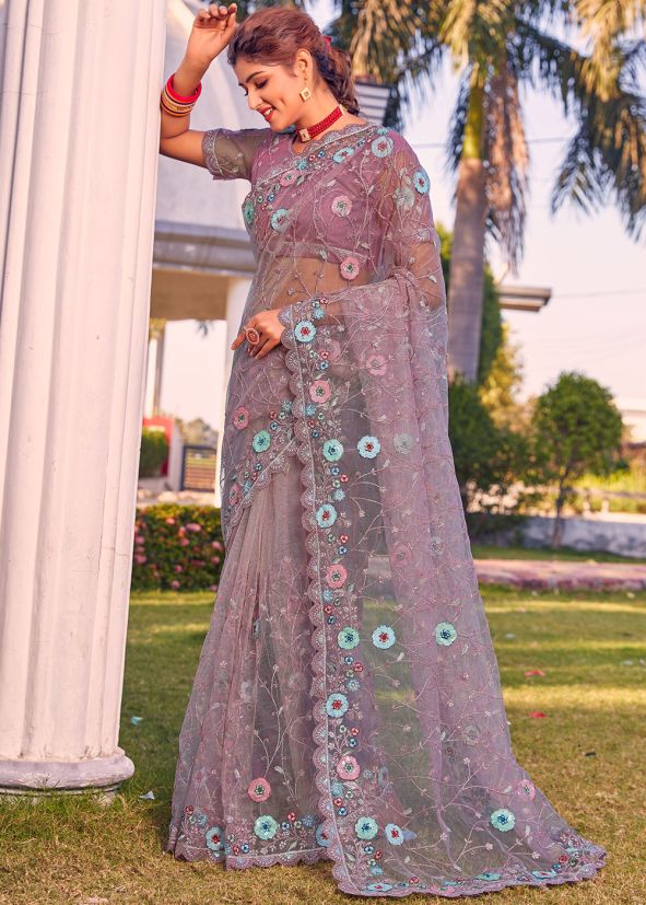 Lavender Embroidered Saree In Net
