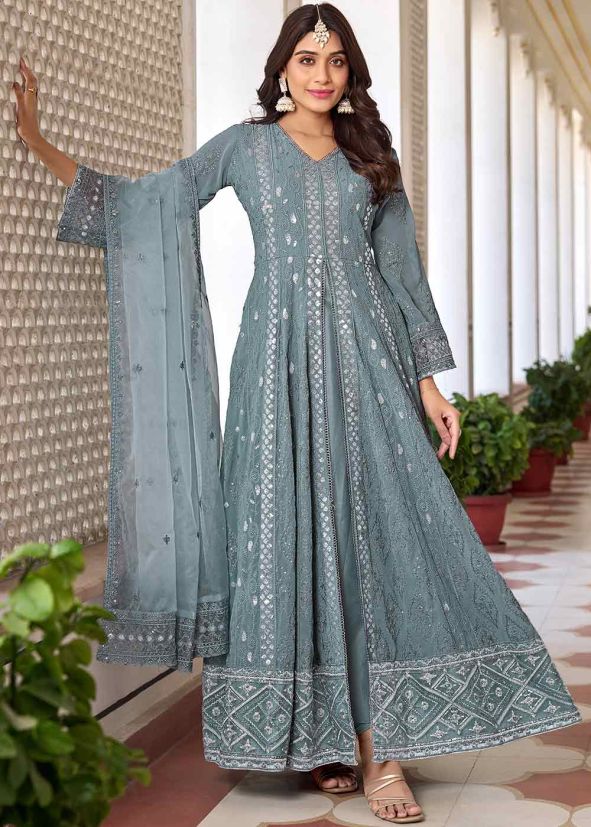 Grey Thread Embroidered Georgette Front Slit Set