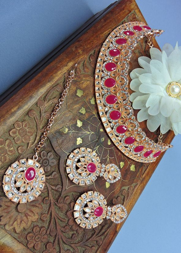 Pink Stone Studded Necklace Set
