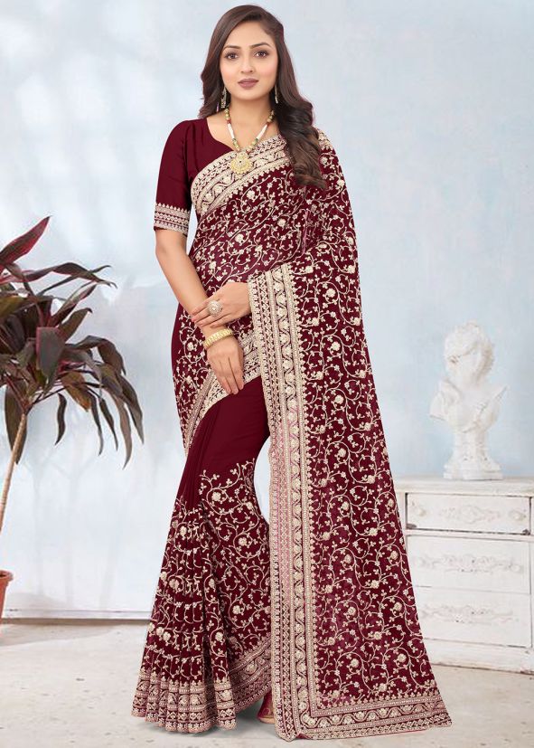 Maroon Embroidered Georgette Saree