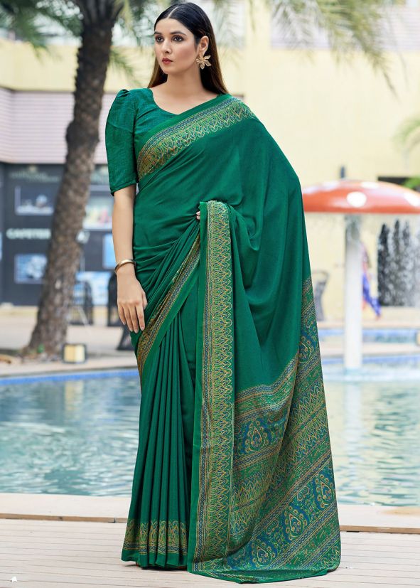 Green Printed Saree In Crape