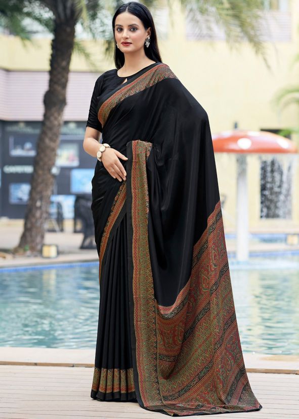 Black Printed Saree In Crape