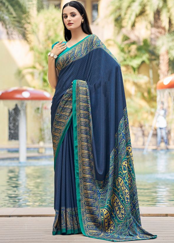 Blue Printed Saree In Crape