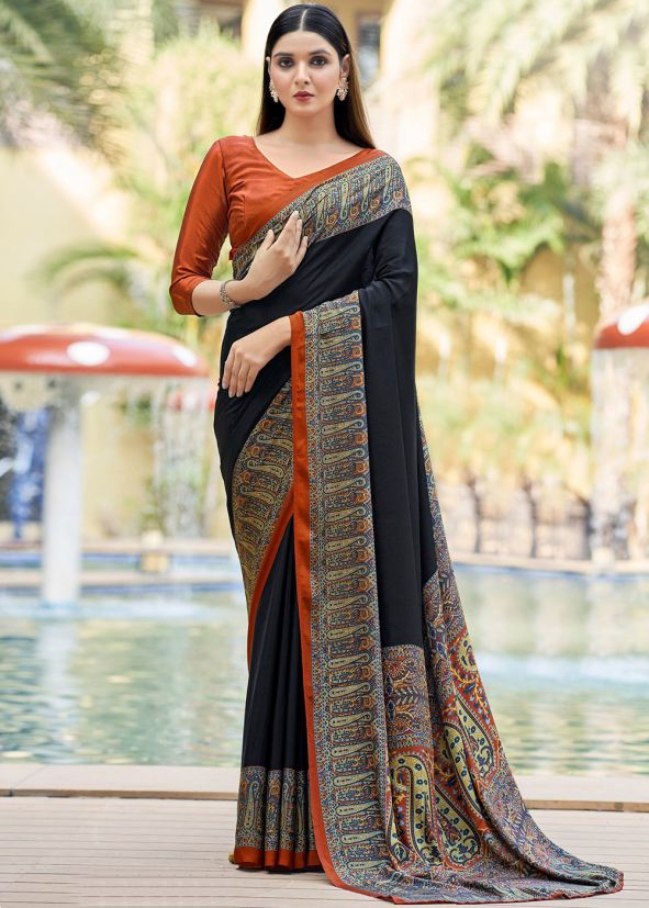 Black Printed Saree In Crape