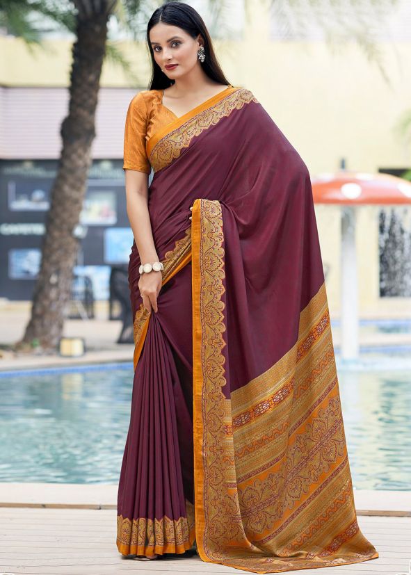 Purple Printed Saree In Crape