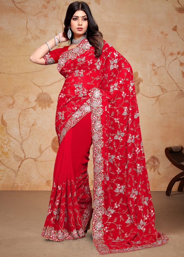 Red Embroidered Saree In Georgette