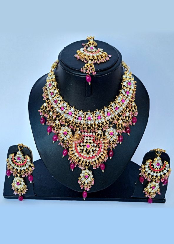 Pink Beaded Alloy Based Necklace Set