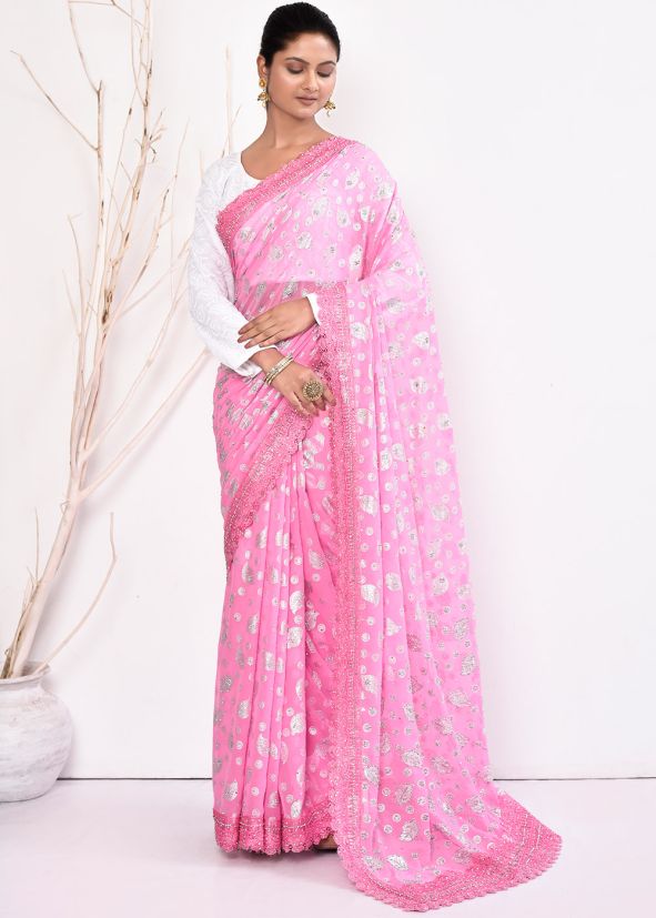 Pink Handwork Saree In Georgette