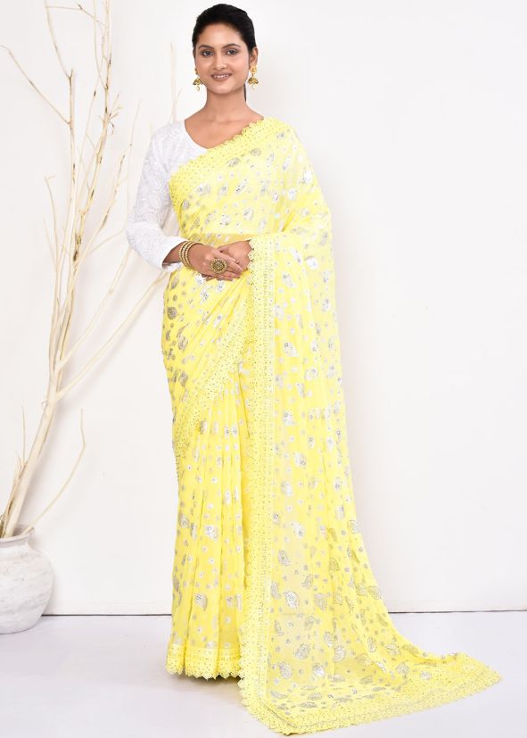 Yellow Handwork Saree In Georgette