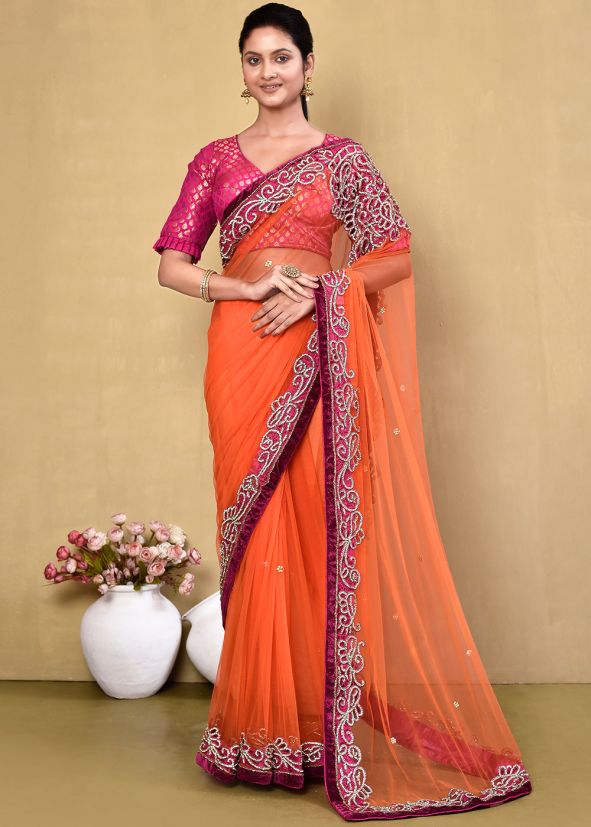 Orange Handwork Saree In Net