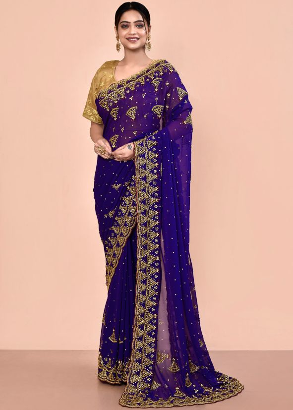 Blue Handwork Saree In Georgette