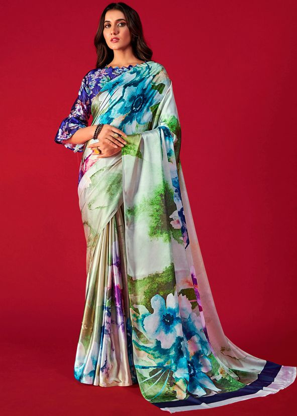 Multicolor Digital Printed Saree In Satin