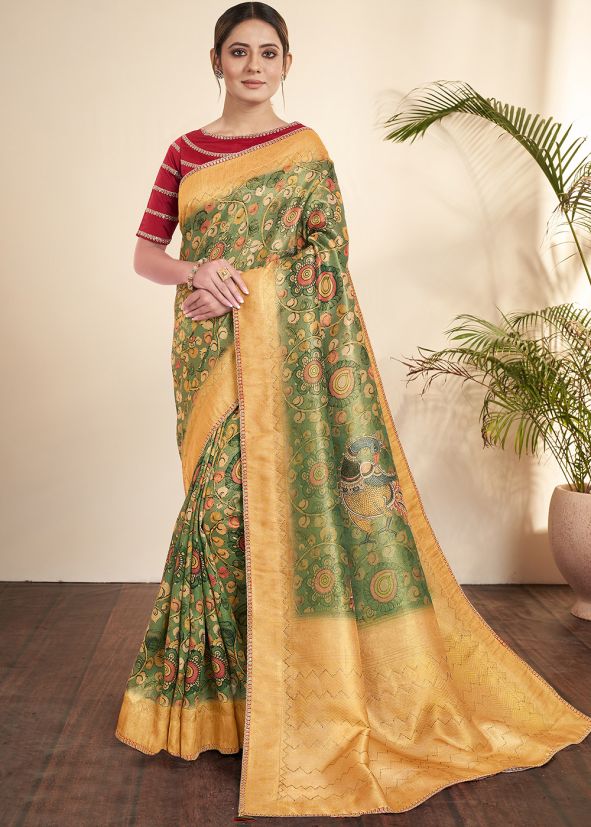 Green Printed Saree In Tissue