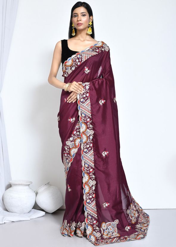 Wine Crape Saree In Thread Embroidery