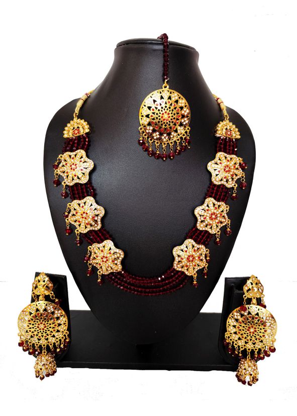 Red Beaded Alloy Based Necklace Set