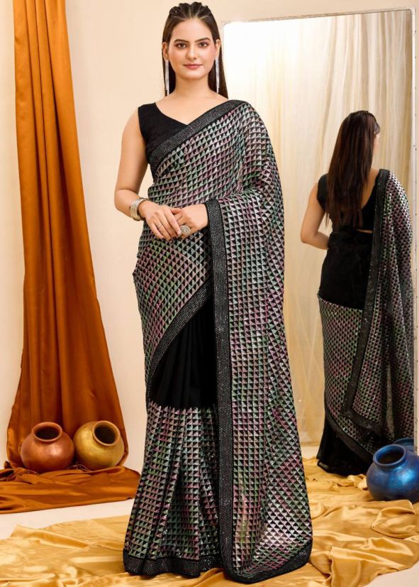 Black Sequins Embellished Georgette Saree