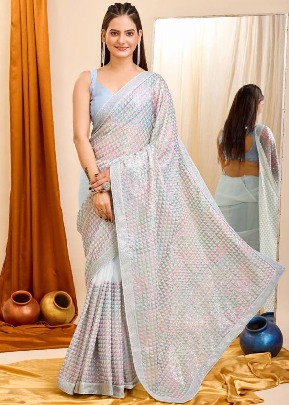 Blue Sequins Embroidered Georgette Saree