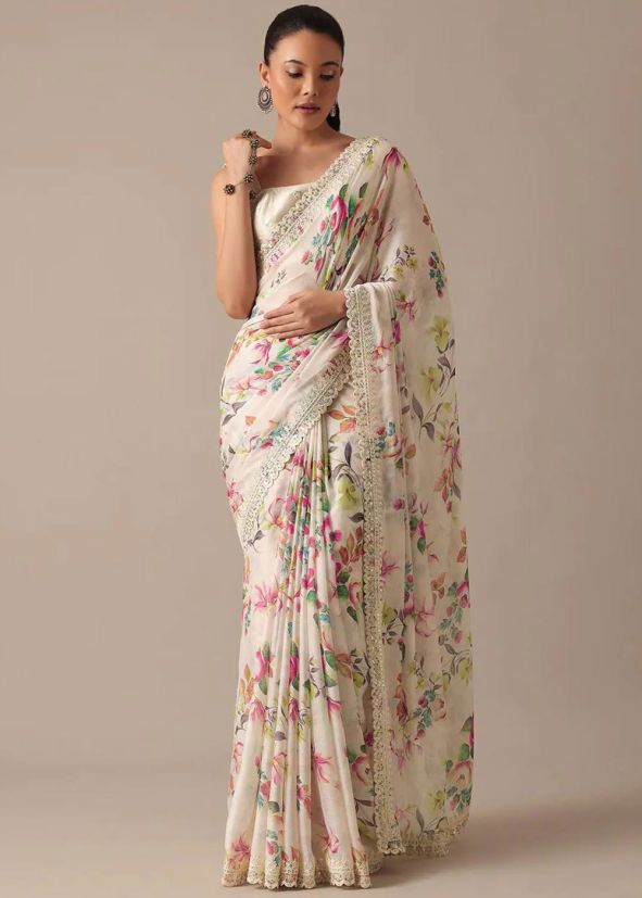 Off White Digital Printed Saree In Georgette