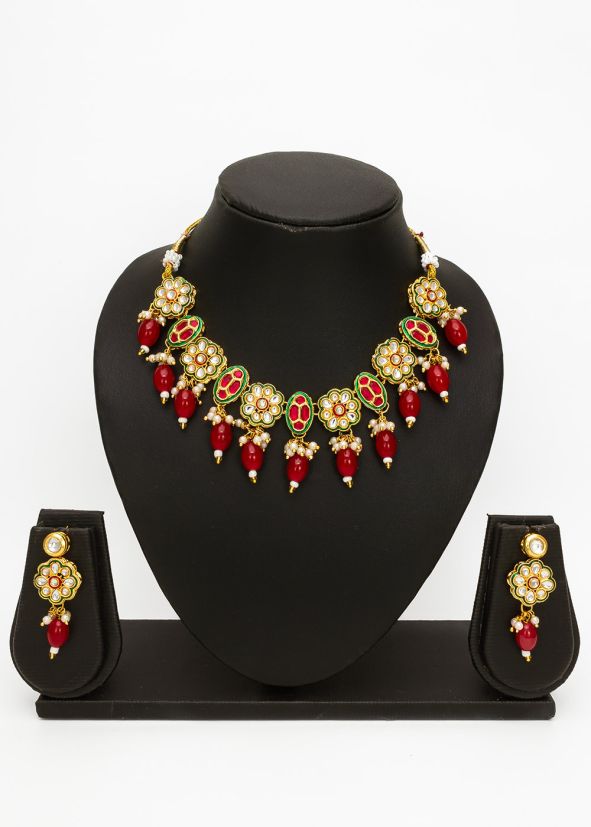 Red Kundan Work Necklace Set
