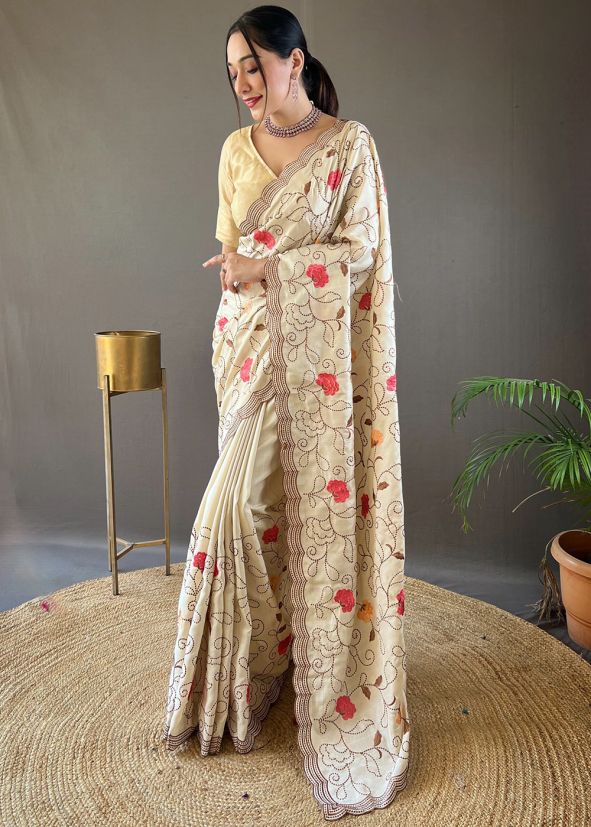 Cream Thread Embroidered Saree