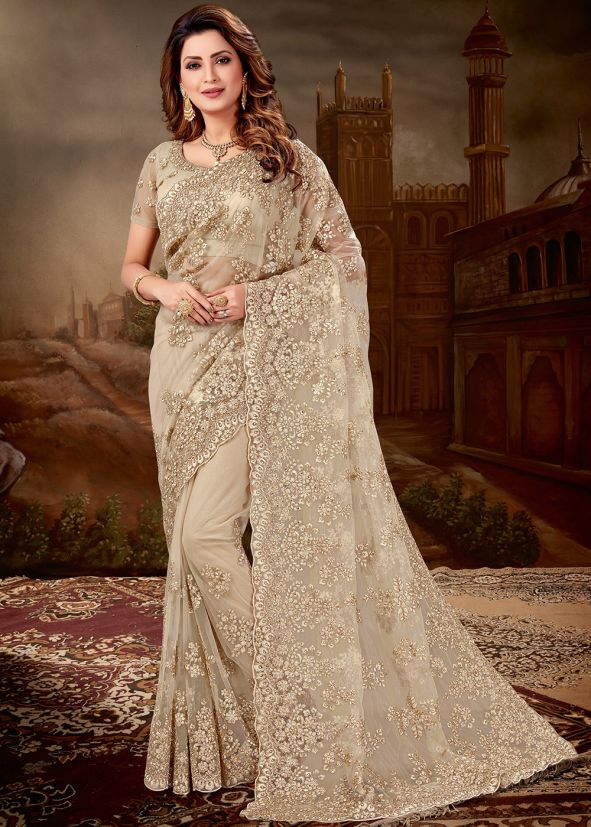 Beige Embroidered Saree In Net