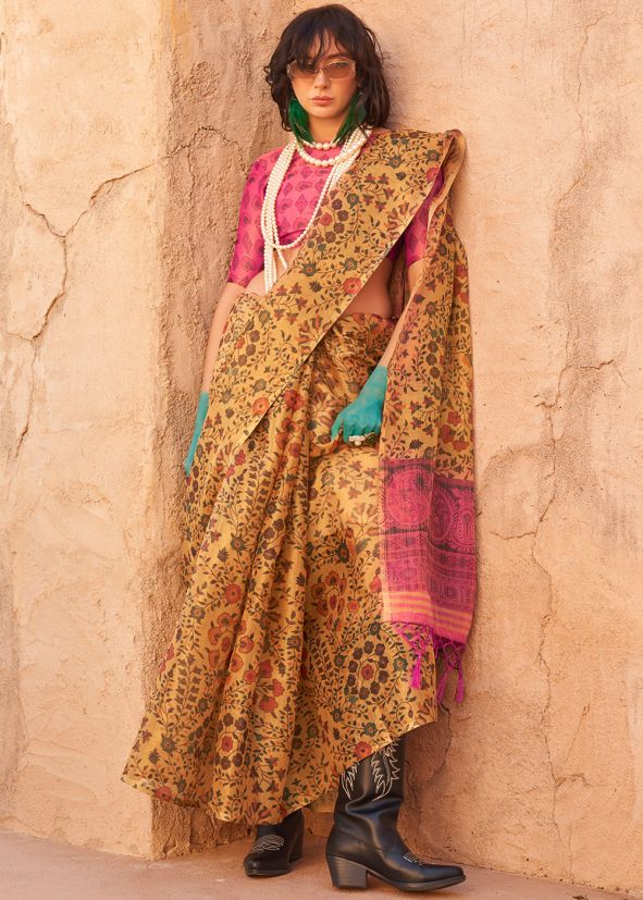 Yellow Tissue Saree In Digital Print