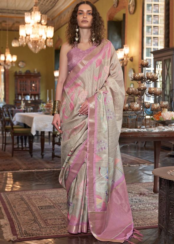 Beige Digital Printed Art Silk Saree 