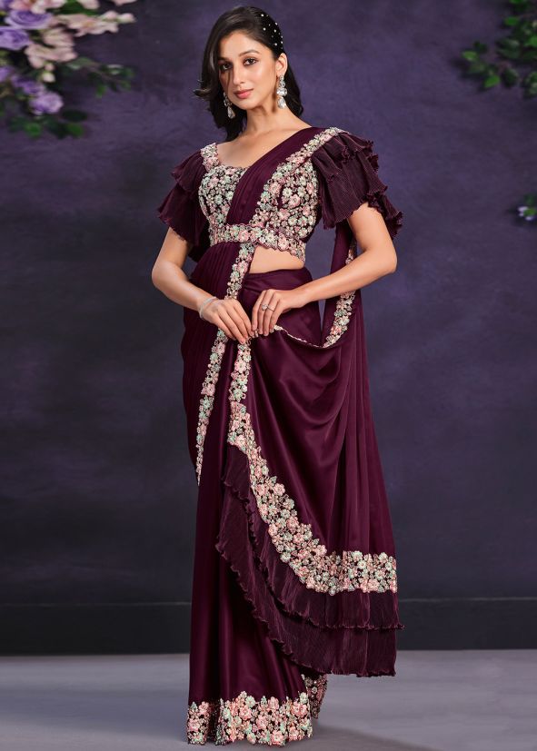 Wine Pre-Stitched Embroidered Saree
