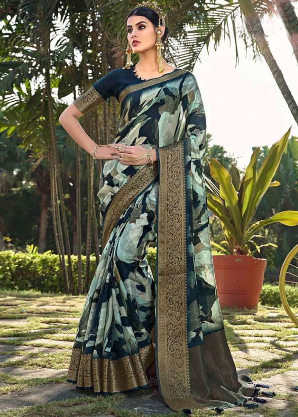 Blue Printed Saree In Silk