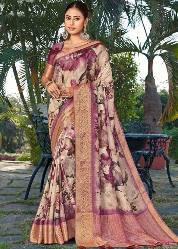 Purple Printed Saree In Silk
