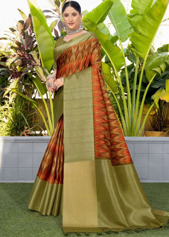 Orange Printed Work Art Silk Saree