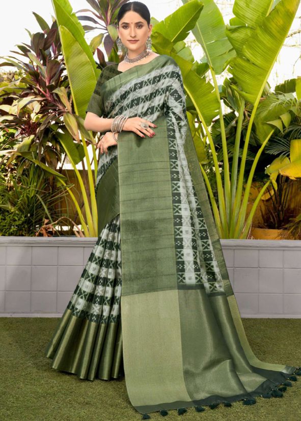 Sage Green Printed Saree & Blouse