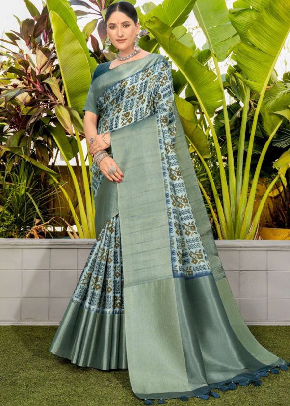 Blue Art Silk Printed Saree