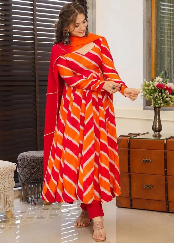 Orange Digital Print Anarkali Suit Set