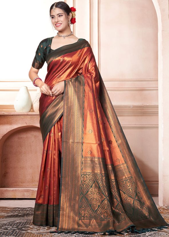 Rust Red Art Silk Woven Saree